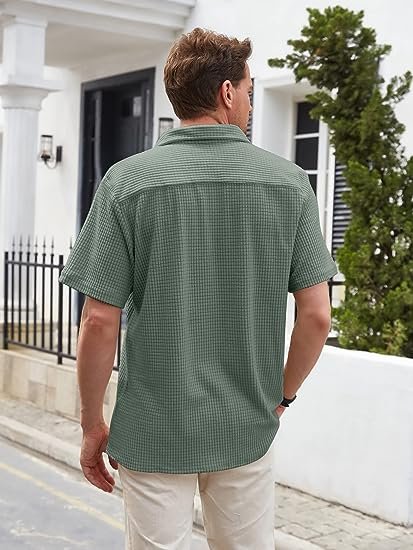 Men's Casual Button-Down Shirts Short Sleeve Striped Dress Shirts