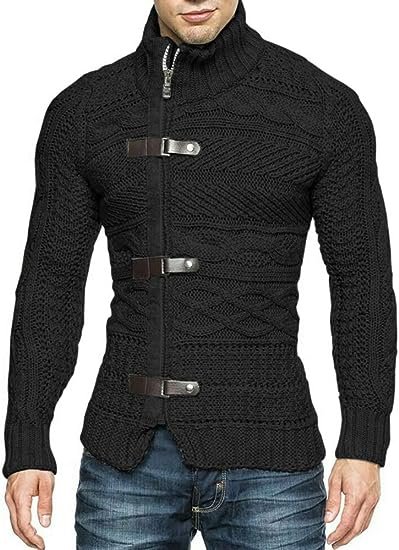 Men's Cable Knitted Oplique Zip Button Front Long Sleeve Cardigan Sweater